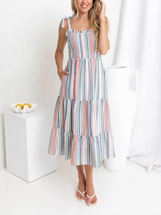New style strappy color contrast striped suspender dress
