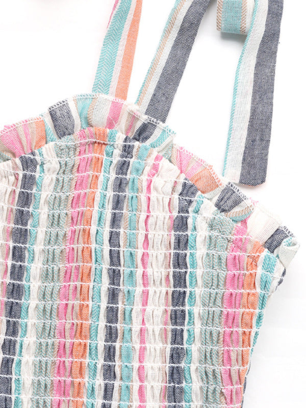 New style strappy color contrast striped suspender dress