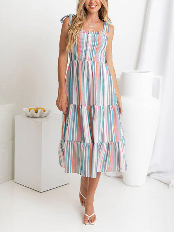 New style strappy color contrast striped suspender dress